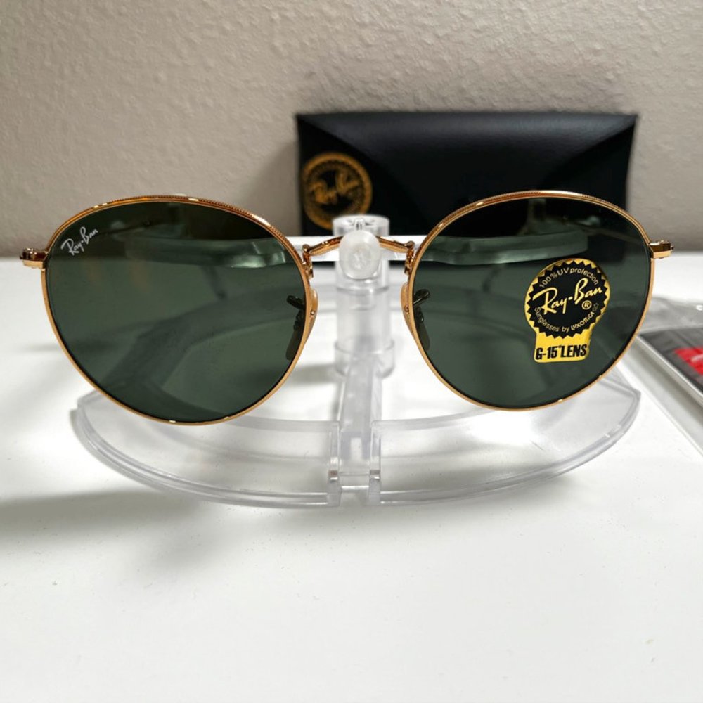 Ray-Ban Round Metal sunglasses (RB3447N). Gold frame/green lenses.
